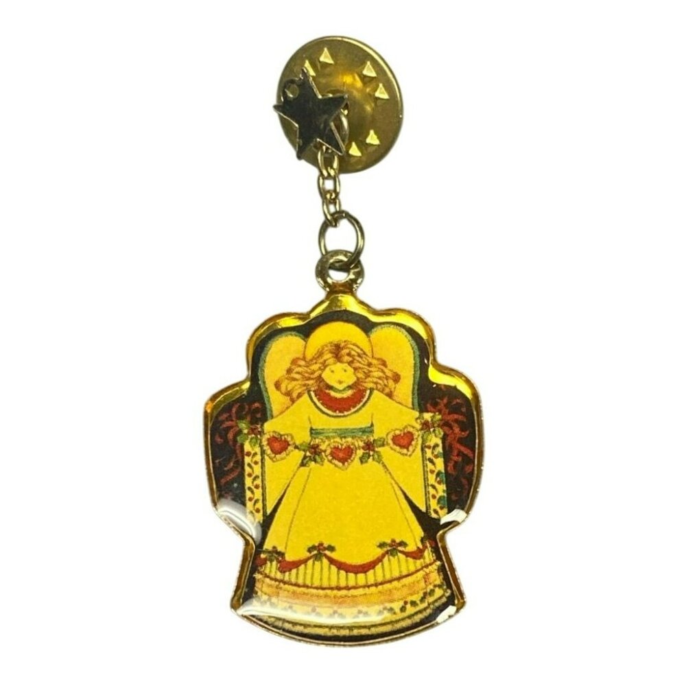Vintage Enamel Angel Charm Dangle Pin Brooch Silver-Tone Star